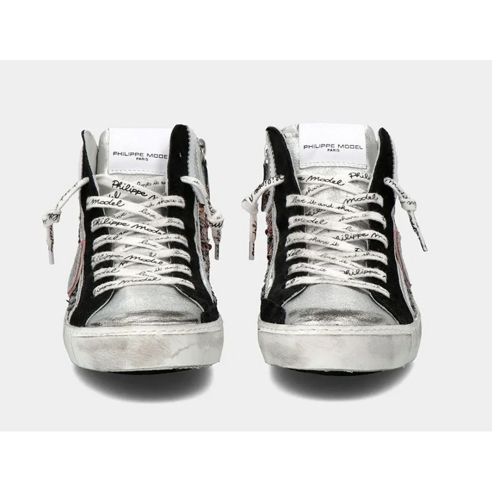  - Funky Grey Black Leather Sneakers with Leopard and Sequin Details