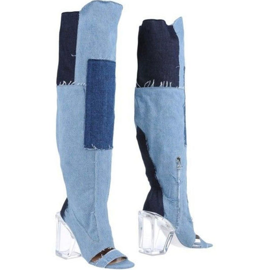 Chic Vintage Denim & Transparent Heel Boots - The Luxe Alliance