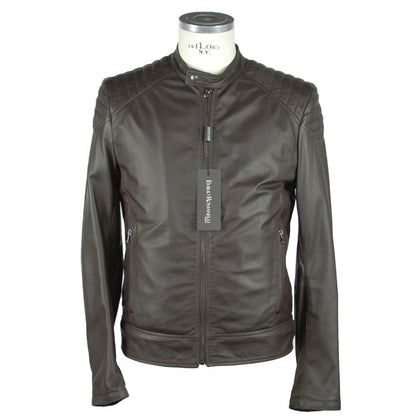  - Elegant Brown Leather Zip Jacket