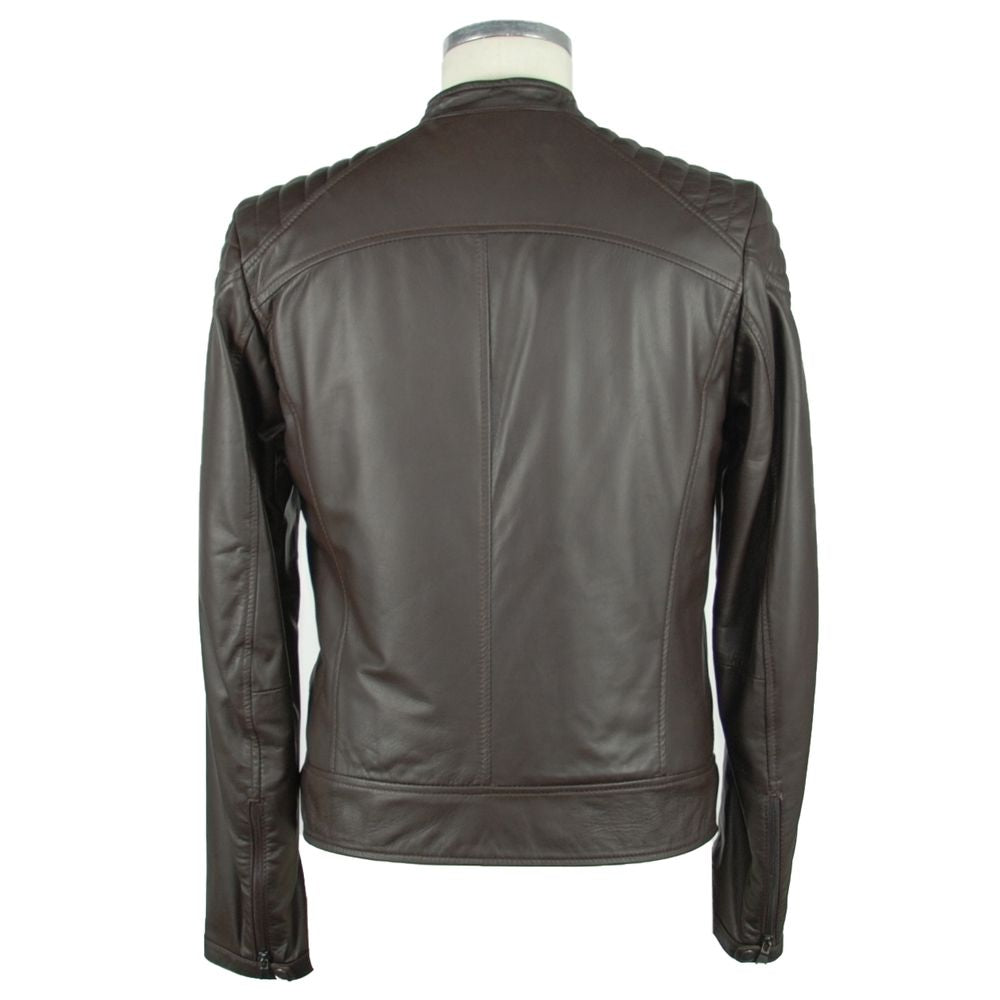  - Elegant Brown Leather Zip Jacket