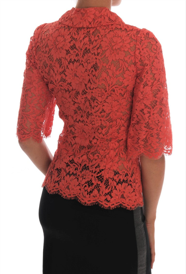  - Elegant Orange Floral Lace Crystal Cardigan Blouse