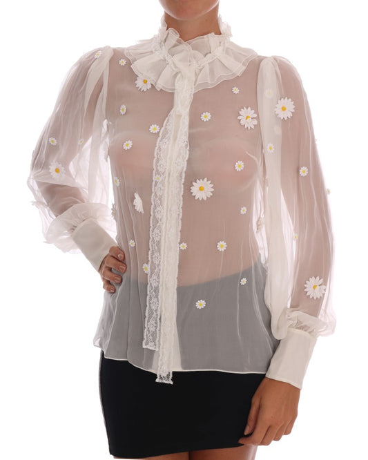  - Elegant White Silk Daisy Blouse