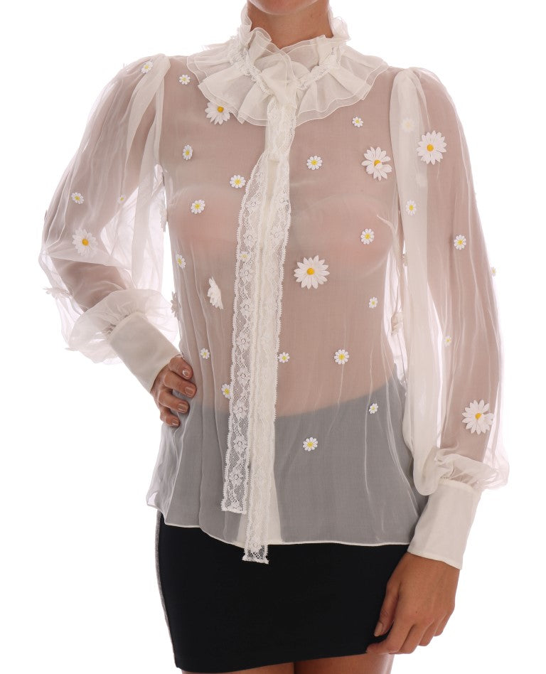  - Elegant White Silk Daisy Blouse