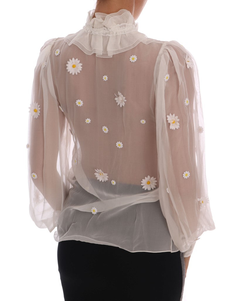  - Elegant White Silk Daisy Blouse