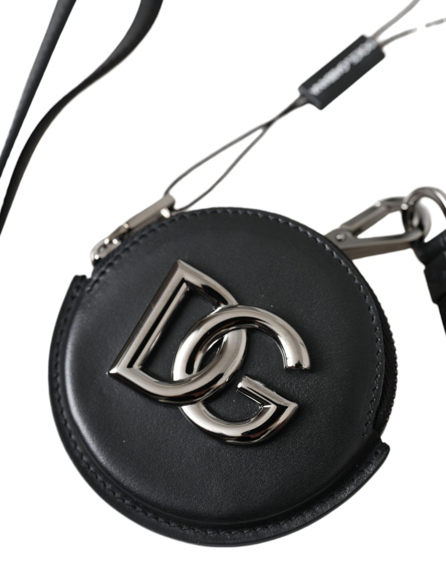  - Black Round Leather DG Logo Coin Purse Lanyard Wallet