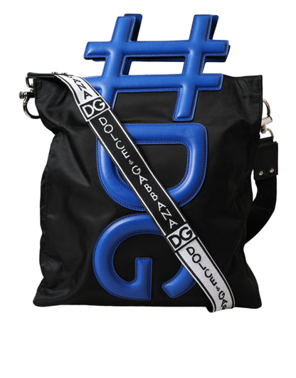  - Black Nylon Blue Leather Hashtag Shopping Tote Bag