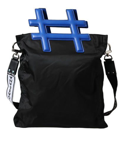  - Black Nylon Blue Leather Hashtag Shopping Tote Bag