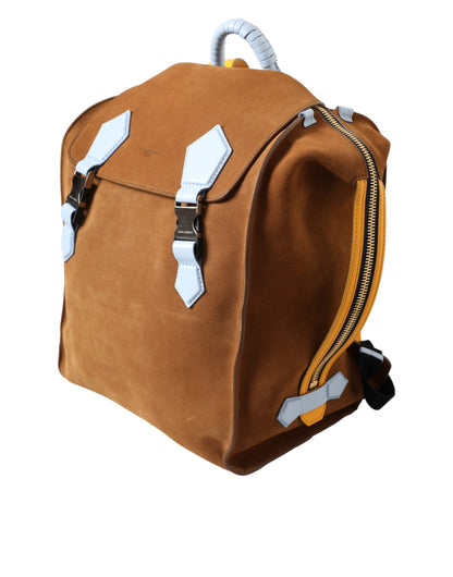  - Brown Yellow Suede Leather Logo Backpack Bag