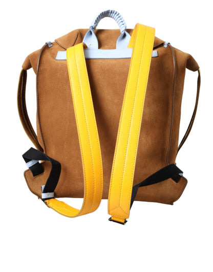  - Brown Yellow Suede Leather Logo Backpack Bag