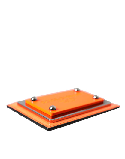  - Orange Black Leather Logo Plaque Card Holder Wallet