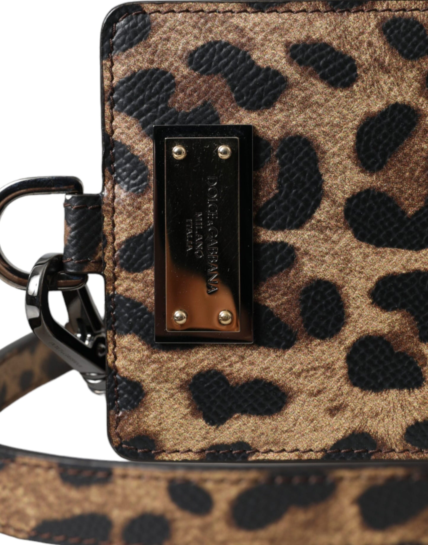  - Brown Leather Leopard Print Logo Plaque Cardholder Wallet