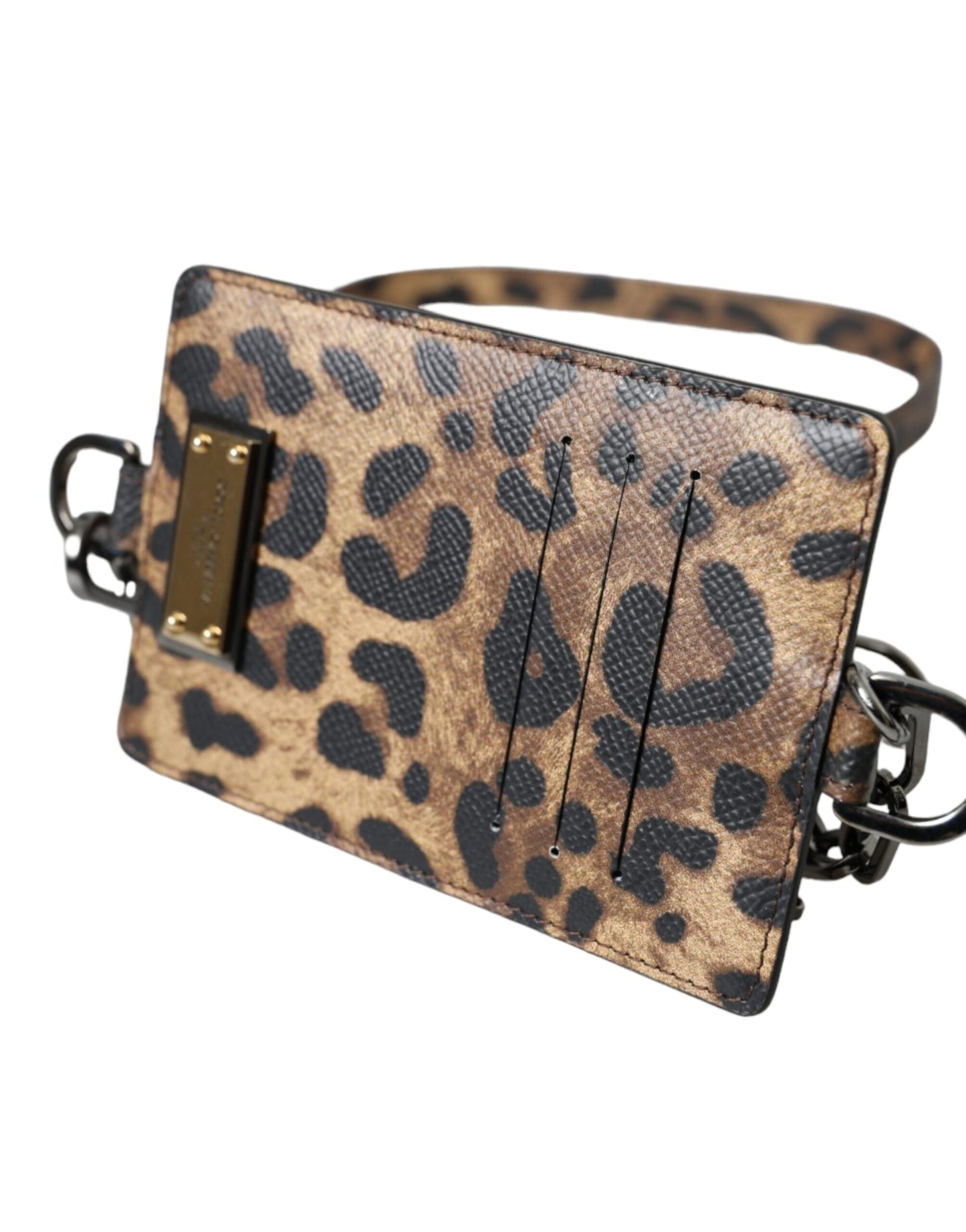  - Brown Leather Leopard Print Logo Plaque Cardholder Wallet