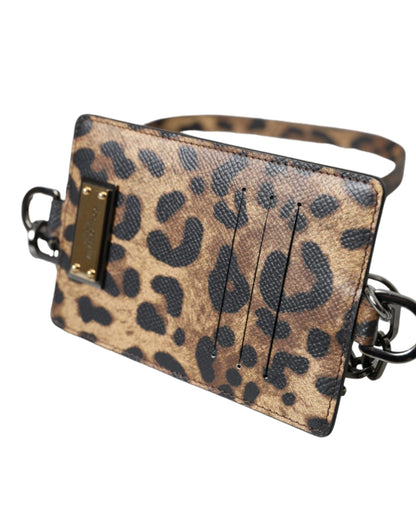  - Brown Leather Leopard Print Logo Plaque Cardholder Wallet