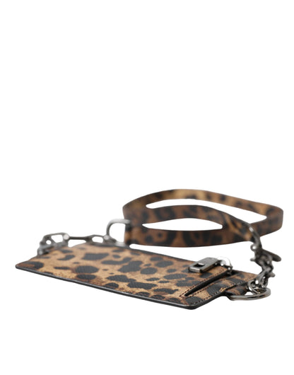  - Brown Leather Leopard Print Logo Plaque Cardholder Wallet