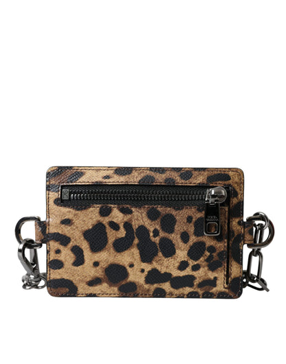  - Brown Leather Leopard Print Logo Plaque Cardholder Wallet