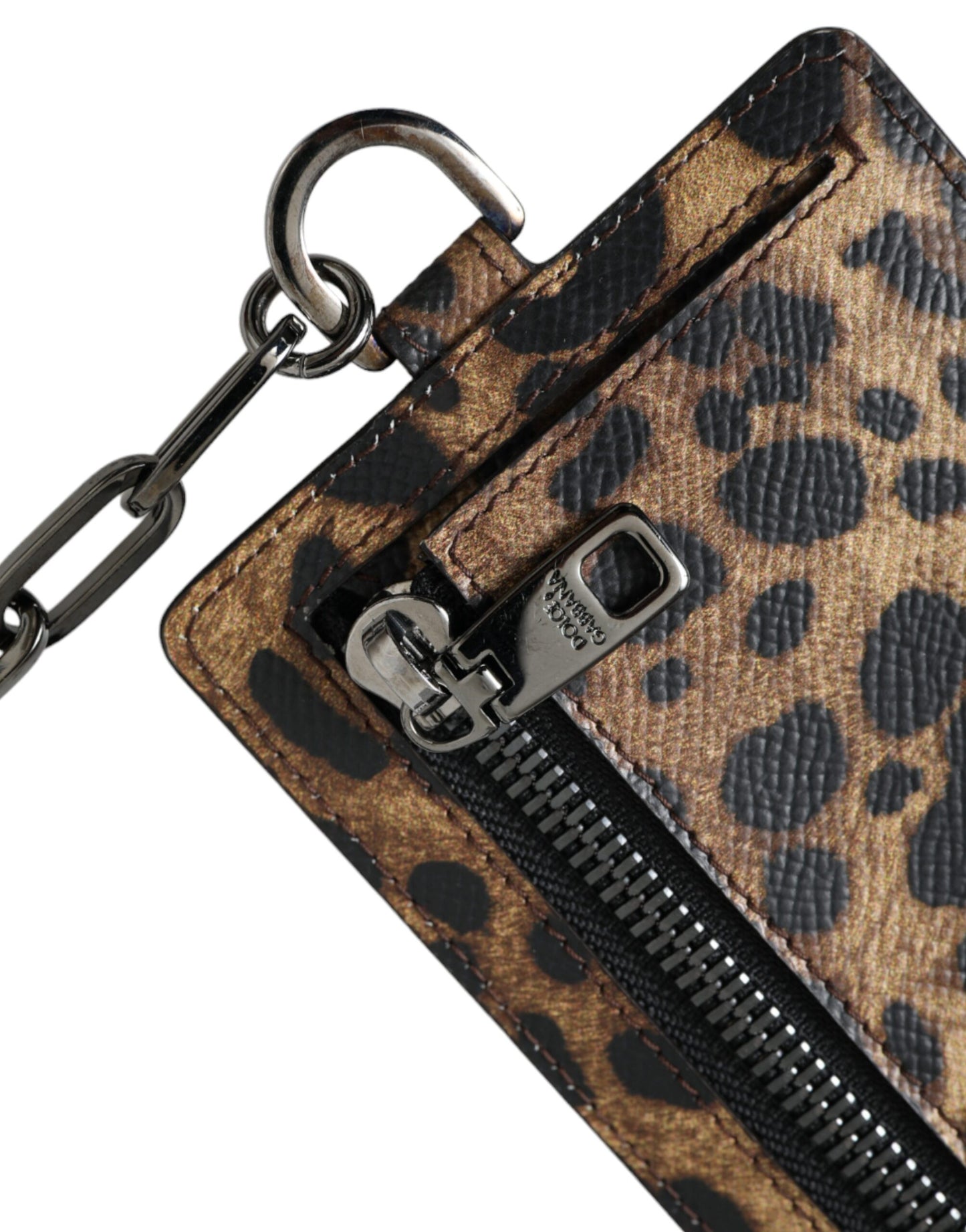  - Brown Leather Leopard Print Logo Plaque Cardholder Wallet