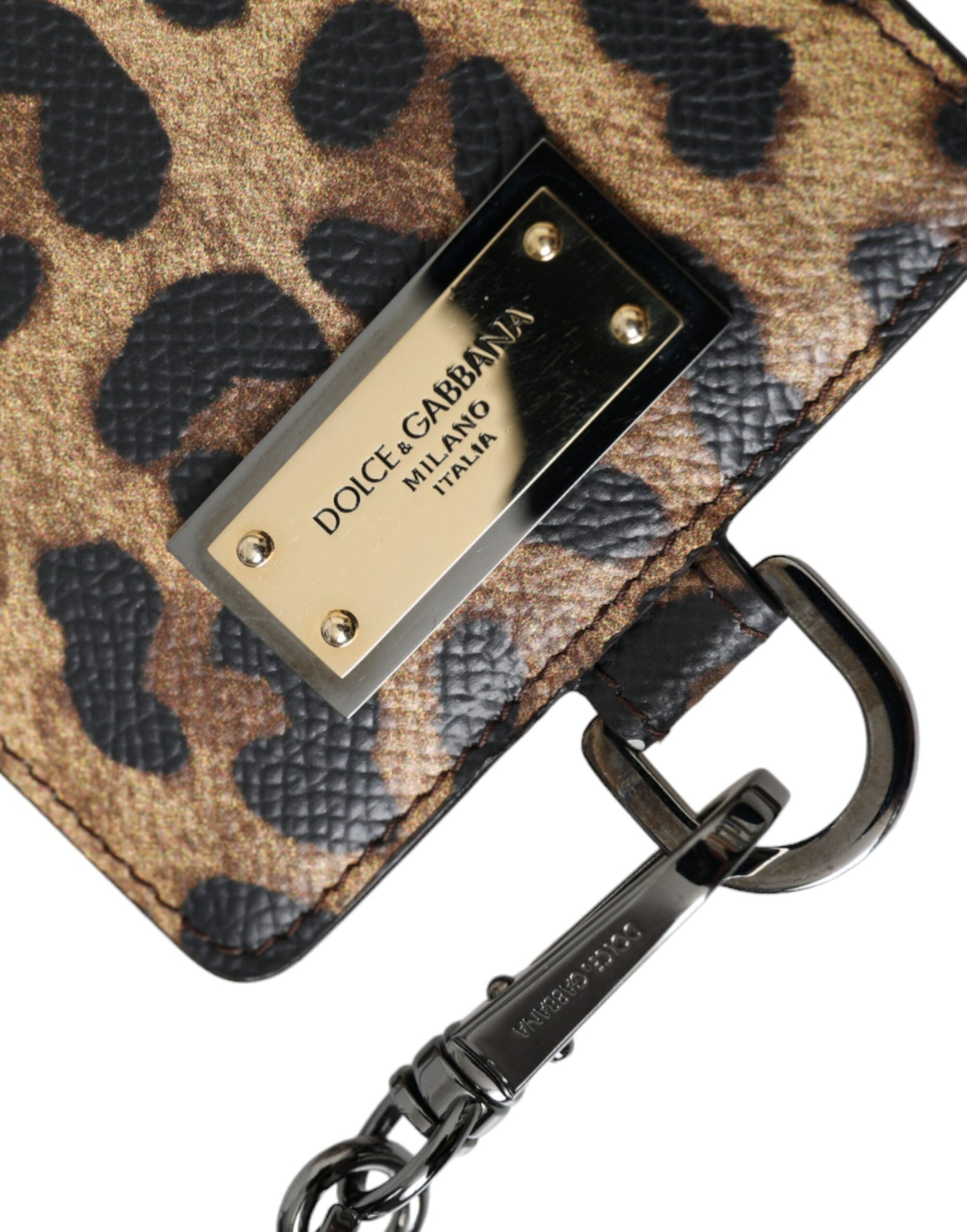  - Brown Leather Leopard Print Logo Plaque Cardholder Wallet