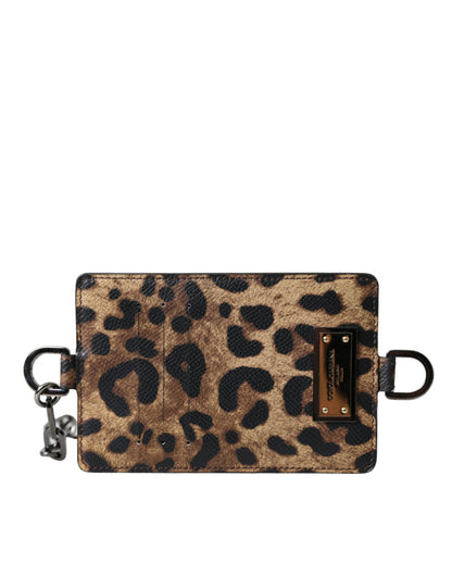  - Brown Leather Leopard Print Logo Plaque Cardholder Wallet