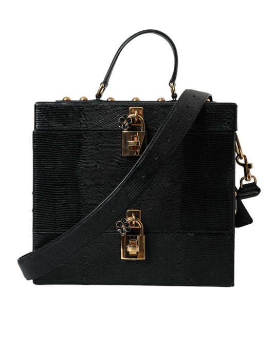  - Black Lizard Embossed Calfskin Leather Double Box Bag