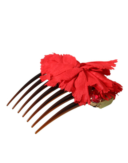  - Red Silk Floral Gold Brass Women Hair Comb