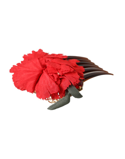  - Red Silk Floral Gold Brass Women Hair Comb