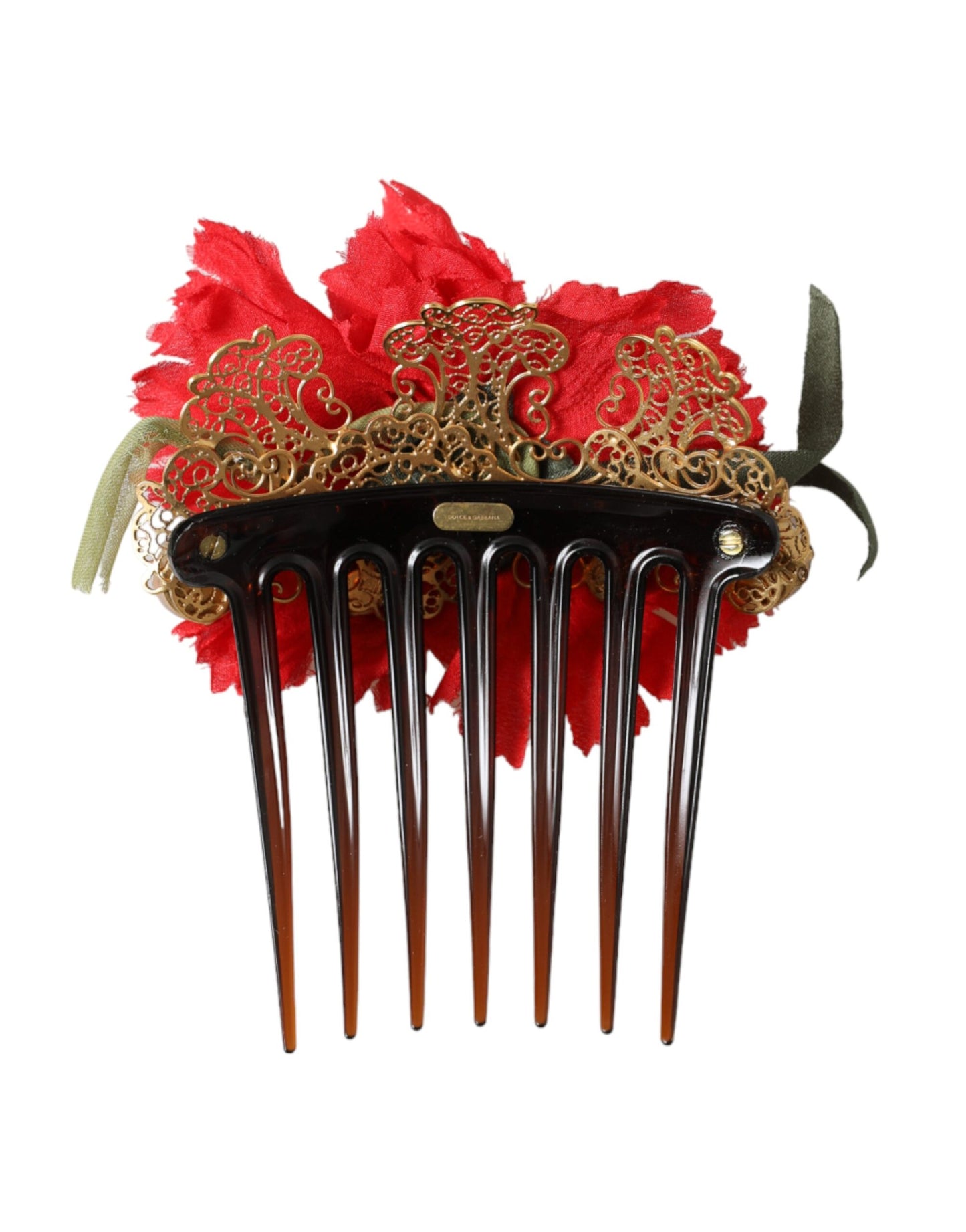  - Red Silk Floral Gold Brass Women Hair Comb