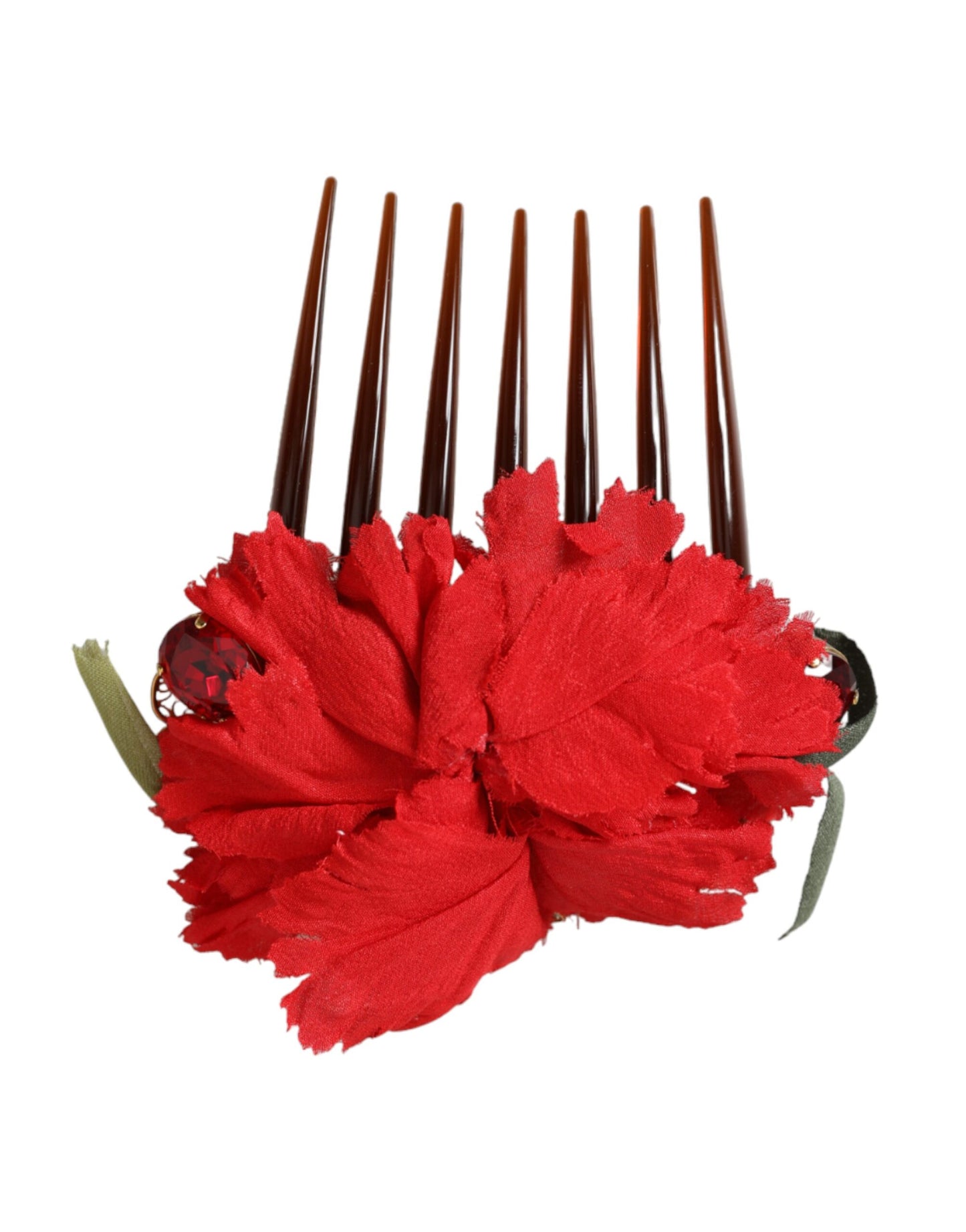  - Red Silk Floral Gold Brass Women Hair Comb