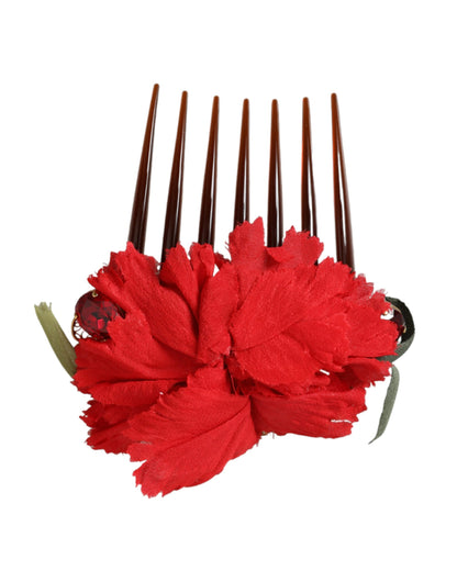  - Red Silk Floral Gold Brass Women Hair Comb