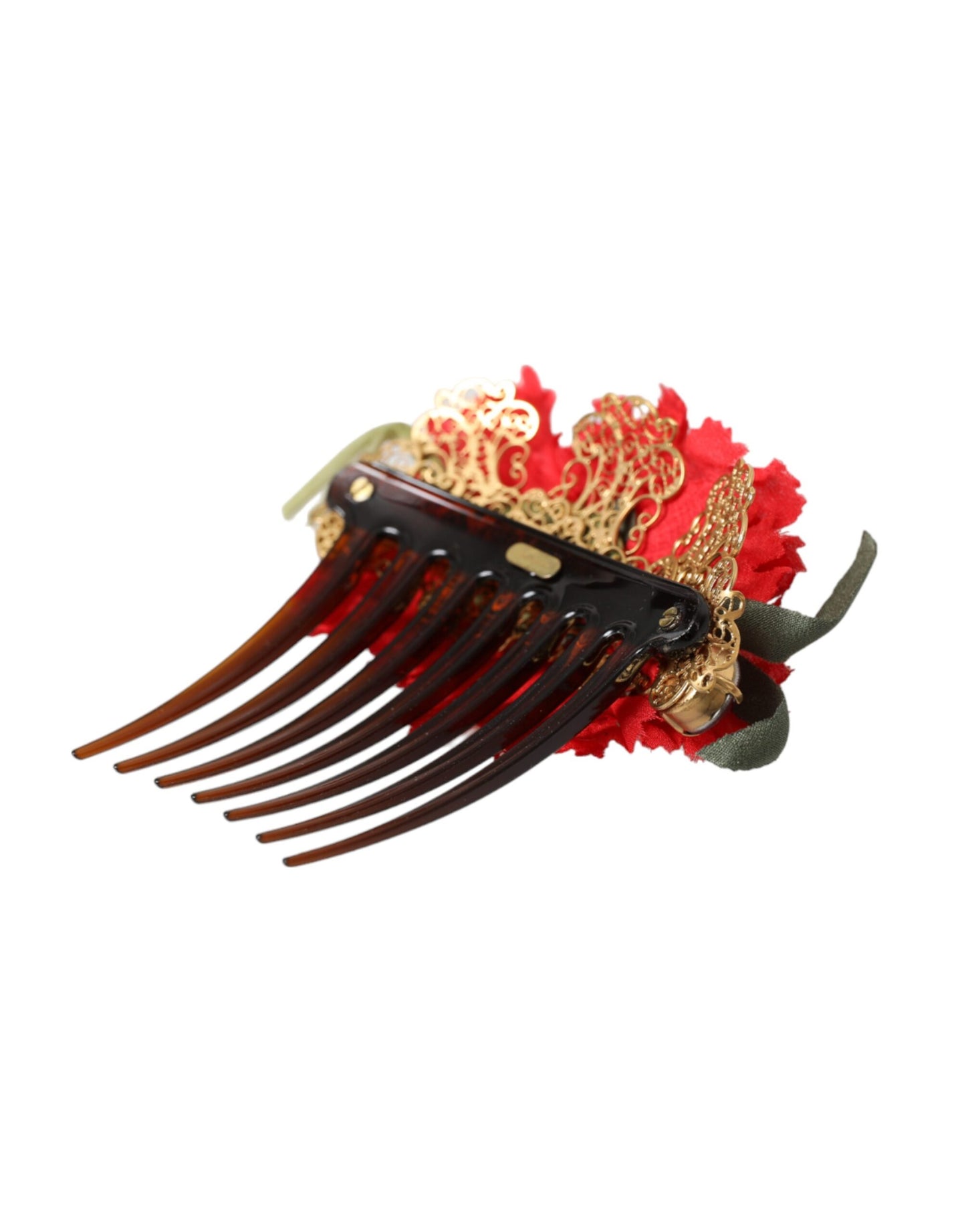  - Red Silk Floral Gold Brass Women Hair Comb