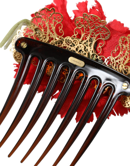  - Red Silk Floral Gold Brass Women Hair Comb