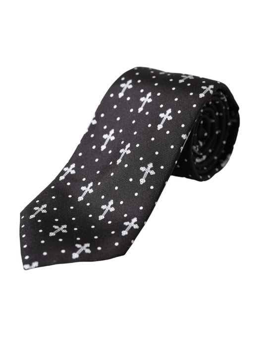  - Black White Cross Silk Adjustable Tie