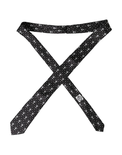  - Black White Cross Silk Adjustable Tie