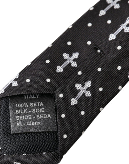  - Black White Cross Silk Adjustable Tie