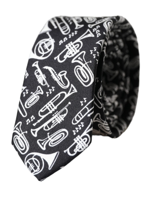  - Black Trumpet Print Silk Adjustable Tie