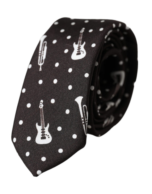  - Black Guitar Print Silk Adjustable Tie