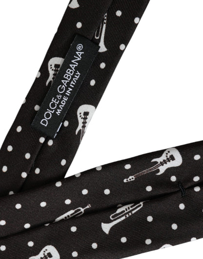  - Black Guitar Print Silk Adjustable Tie