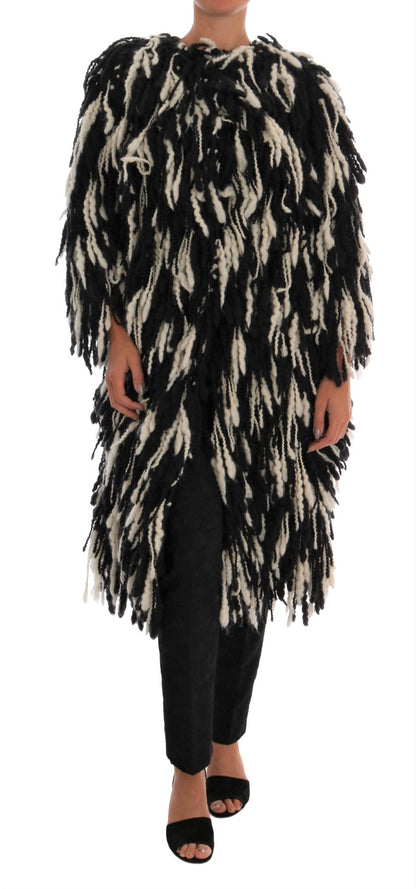  - Black and White Fringed Wool Coat Jacket