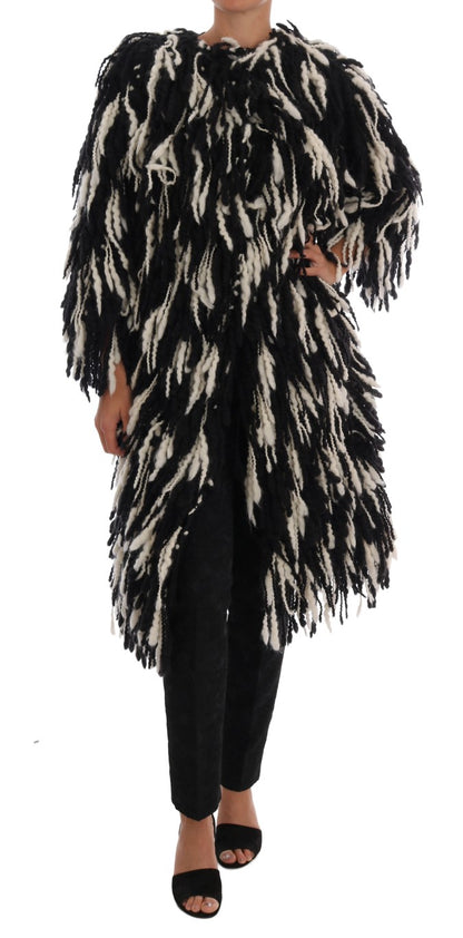  - Black and White Fringed Wool Coat Jacket