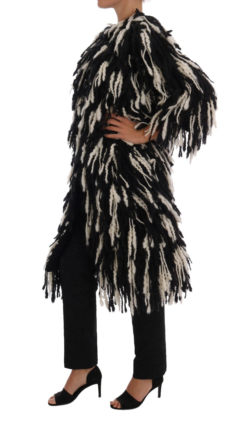  - Black and White Fringed Wool Coat Jacket