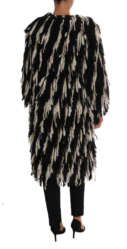  - Black and White Fringed Wool Coat Jacket