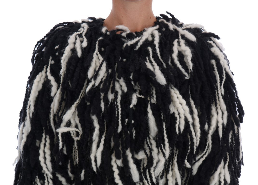  - Black and White Fringed Wool Coat Jacket