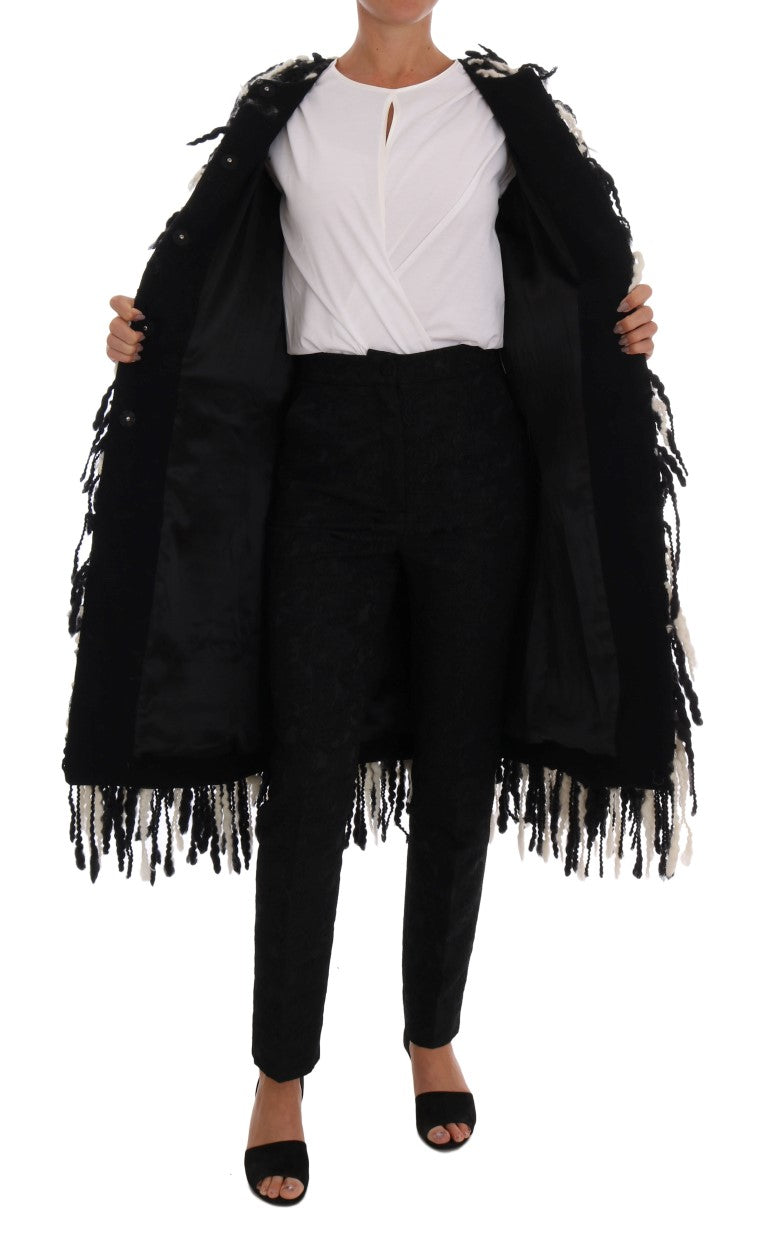  - Black and White Fringed Wool Coat Jacket