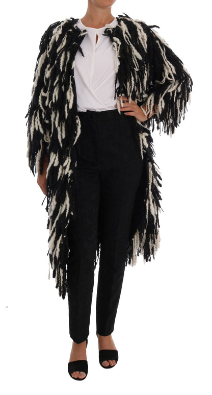  - Black and White Fringed Wool Coat Jacket