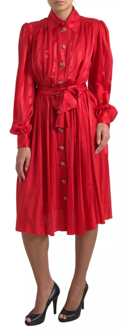  - Elegant Red Silk Midi Dress with Button Detail