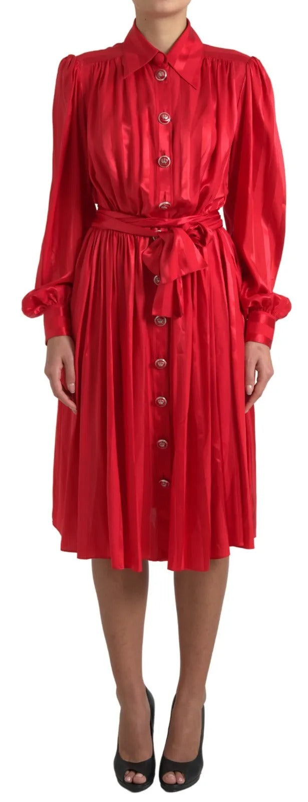  - Elegant Red Silk Midi Dress with Button Detail