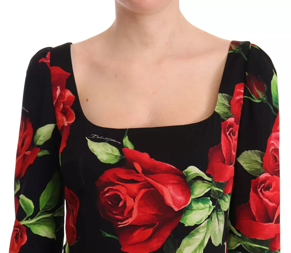 Black Red Roses Sheath Silk Stretch Dress