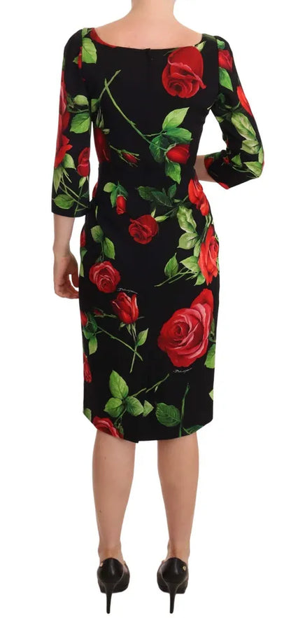  - Black Red Roses Sheath Silk Stretch Dress