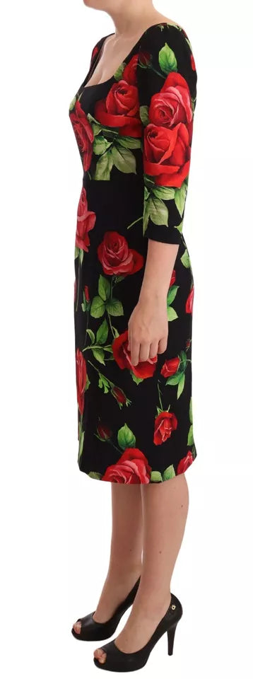  - Black Red Roses Sheath Silk Stretch Dress