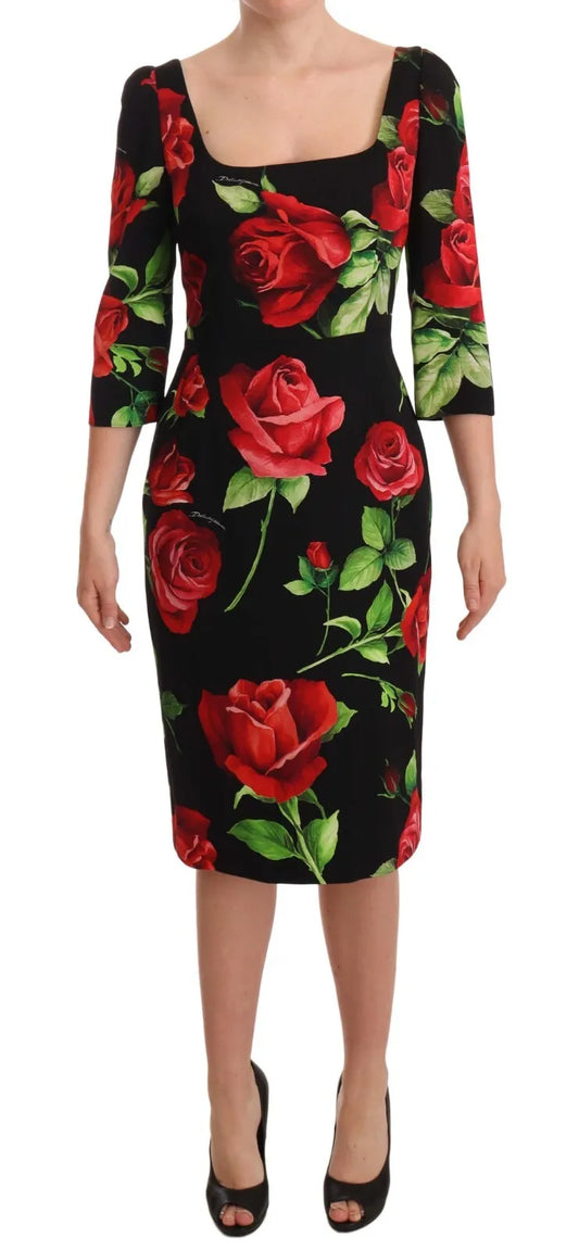  - Black Red Roses Sheath Silk Stretch Dress