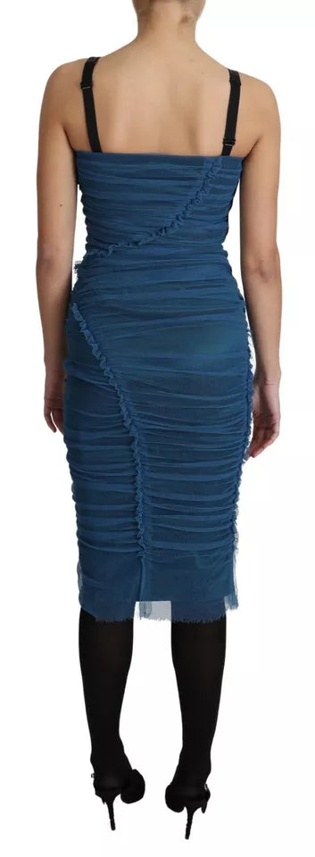  - Blue Draped Tulle Midi Sheath Cotton Dress